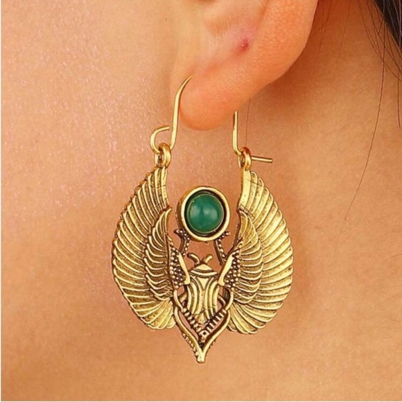 Bohemian Vintage Egyptian Sacred Wings & Moth Antique Gold Dangle Earrings - Picture 2 of 3